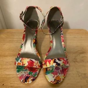 New floral print open toe heels